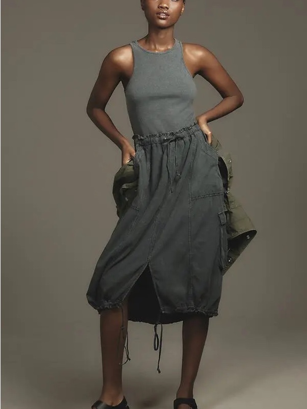 Anthropologie Charcoal Drawstring Midi Skirt